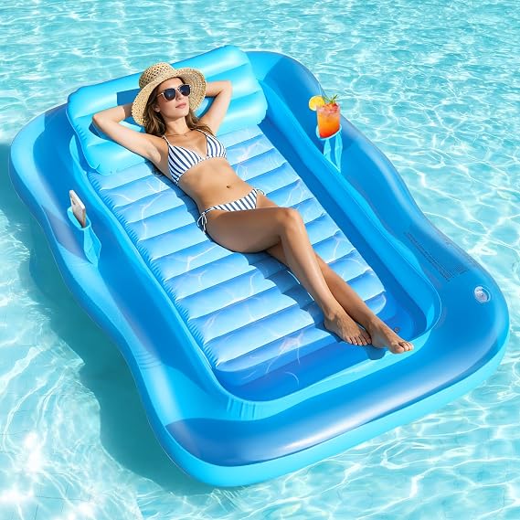 Inflatable Tanning Pool Lounger, 71"x48" Tanning Bed Pool Floats w/Pillow & Cup Holders, Thicken Sutan Lounge Float for Adults, Blow Up Sunbathing Floatie Raft for Backyard Lake Water Party