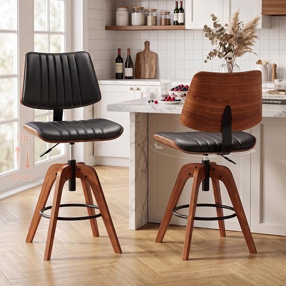 Adjustable Bar Stool Set of 2,Swivel Walnut Counter Height Chair,Black