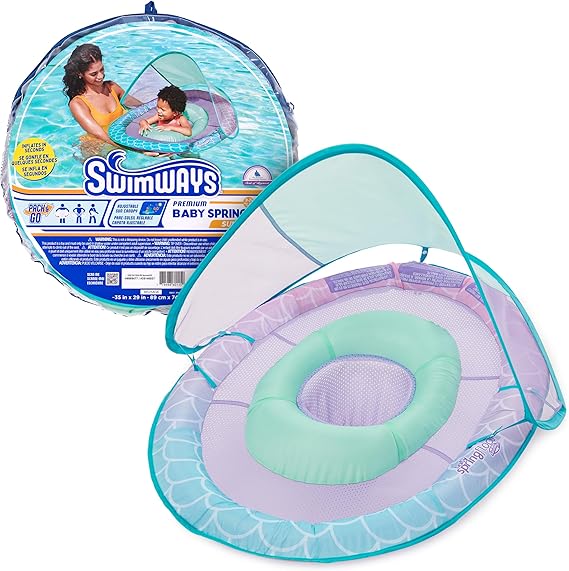 SwimWays Baby Spring Float, Baby Pool Float with Canopy, Swim Training PFD, Swimming Pool Accessories for Babies and Toddlers 9-24 Months, Mermaid