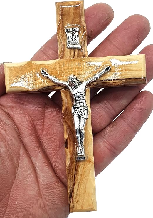 Zuluf 4.7" Catholic Wall Crucifix Olive Wood Cross with Silver Jesus Corpus Handmade Christian Religious Wall Hanging Decor Faith Gift from Jerusalem CRS058