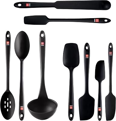 DI ORO 9-Piece Silicone Kitchen Utensil Set - Spatulas Silicone Heat Resistant Up to 600F - Rubber Spatulas for Baking - Egg Spatulas, Cooking Spoons, Jar Spatulas, Soup Ladle - BPA Free Black