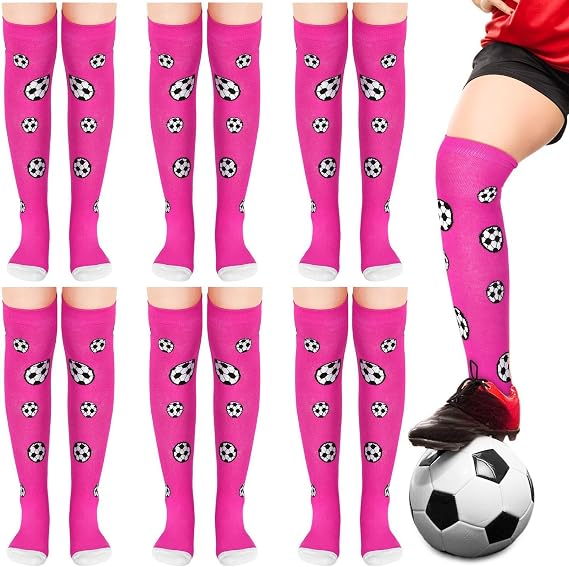 Xtinmee 6 Pairs Gilrs Pink Soccer Knee High Socks Gifts for Team Stuff