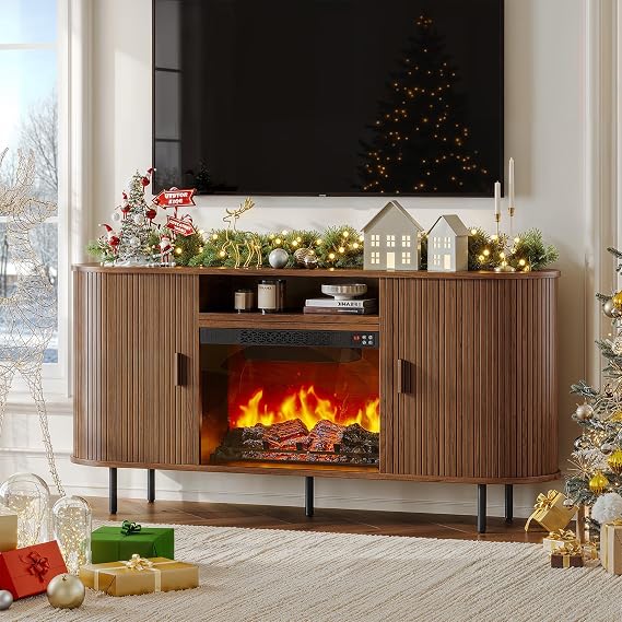 63" Fluted Fireplace TV Stand with Sliding Doors & Power Outlet