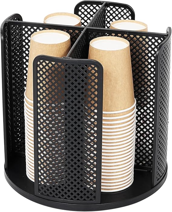 BATTIPAW Rotatable Cup and Lid Organizer with 4 Compartments, Coffee Cup Dispenser, Paper Cup Storage Holder, for Countertop Bathroom Kitchen Bedroom Coffee Shop (Black)