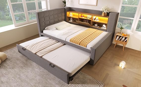 Daybed Upholstered Bed 90 x 190 cm, 3FT Single Sofa Bed with Storage, USB &Type-C Charging Station, Pull out Trundle for Living Room and Bedroom, Linen, No Mattress (Gray)