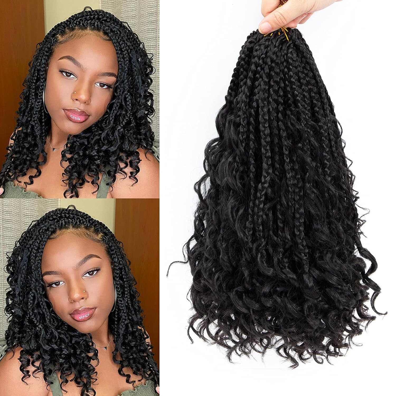 Boho Box Braids Crochet Hair 12 inch 8 Packs Box Braid Crochet Hair with Curly Ends Pre-looped Goddess Box Braids Crochet Hair Extensions for Black Women12 8 Packs, 1B#