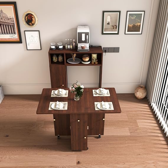 5 Pieces Folding Extendable Dining Table Set with 4 Chairs for 4 Peoples, 55'' Drop Leaf Wood Kitchen Dining Room Table Set with Storage and 6 Wheels for Small Space Saving (Folding Table)