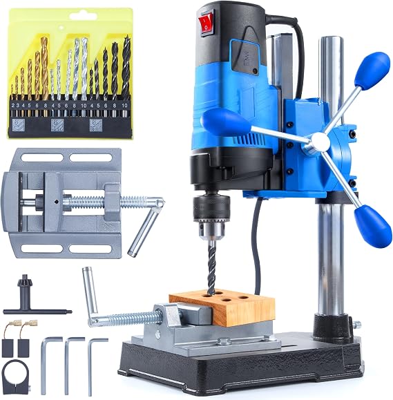 bellaDimora Mini Benchtop Drill Press 1200W 6-Speed 2800rpm, 16-Piece Multi-Material Drill Bit Kit, 360 Rotation, 3.15 in Drilling Depth, Workshop Stand