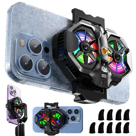 Mobile Phone Cooler with RGB Backlight and Temp Display, Cellphone Cooling Fan with Dual Semi-Conductor Cooling Chip, Compatible for iPhones/Android Phone Width from 6 to 8 cm