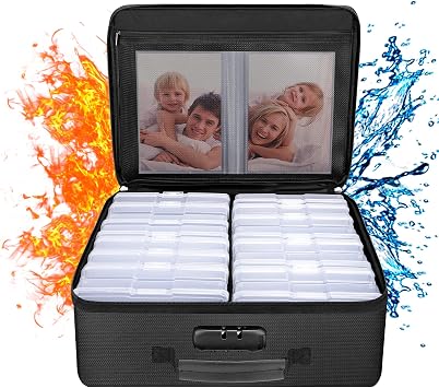 ENGPOW Fireproof Photo Storage Box with 16 Inner 4" x 6" Photo CaseClear,Photo Box Organizer with Lock,Collapsible Portable Photo Storage Containers with Handle for Photos,Picture,Valuables