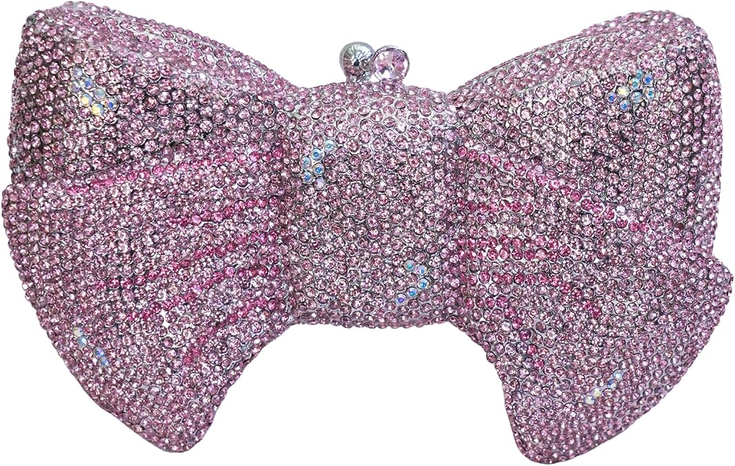 Handmade Inlay Rhinestone Bow Clutch Bag for Women, Sparkling Evening Party Wedding Purse with Detachable Pearl Chain