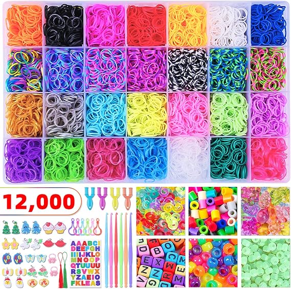 12000+ Rubber Loom Bands Rainbow Rubber Bands, 28 Assorted Colors Mega Refill Kit Colorful Bracelet Making Set for Kids Weaving DIY Crafting, 600 S Clips, 352 Beads, 4 Y Looms, 6 Hooks, Organizer Case