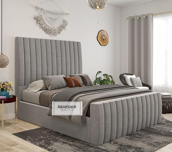Upholstered Panel Bed Frame Double King, Super King Size Without Mattress, Slatted Fabric Bed Frame - Plush & Naple Velvet (Grey Naple, 6FT SUPER KING)
