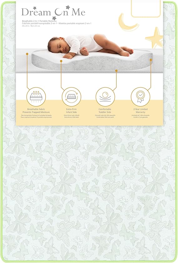 Dream On Me 2-in-1 Breathable Dual-Sided 3 Portable/Mini Crib Mattress Waterproof Vinyl Cover, Firm Fiber Core, Promotes Airflow, GREENGUARD Gold Certified, Fits Standard Mini & Portable Cribs