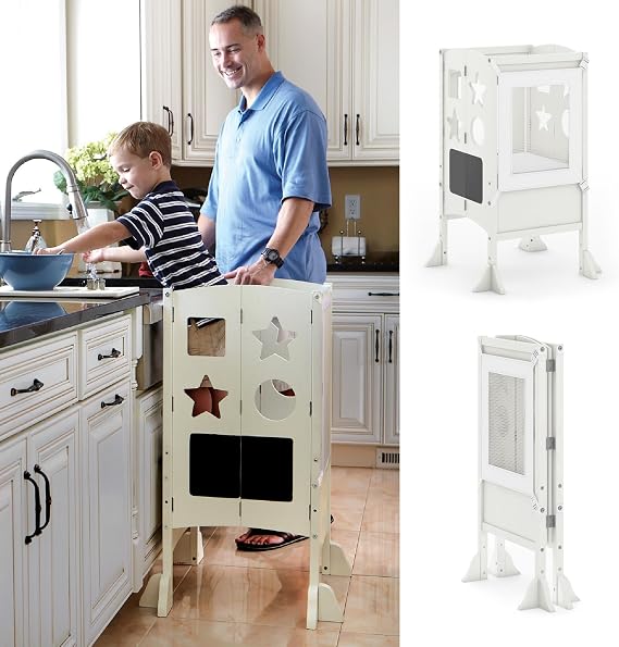Guidecraft Classic Kitchen Helper Stool - Ivory: Foldable Toddler Tower with Adjustable Height Platform | Premium Learning Montessori Collapsible Step Stool for Kids