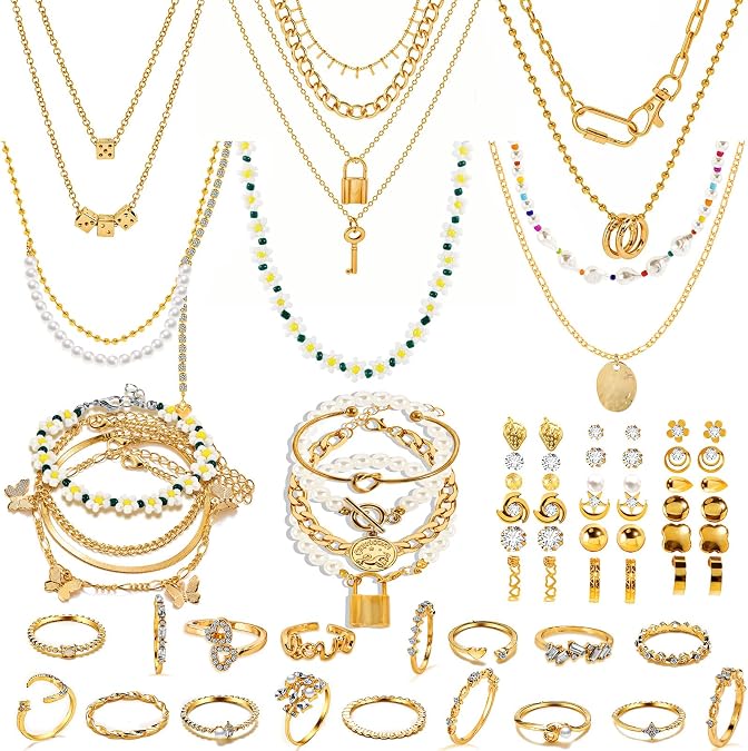 46 Pieces Silver Jewelry Sets for Women Fashion Costume Jewelry Necklace Anklet Bracelet Earrings Set Suitable for Daily life Gatherings Party Festivals and Travel