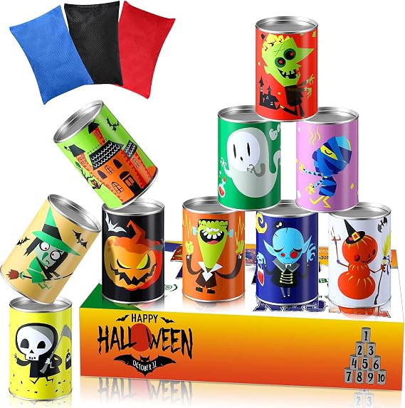 BBTO 14 Pcs Halloween Party Game Bean Bag Toss Game Cans with 3 Bean Bag