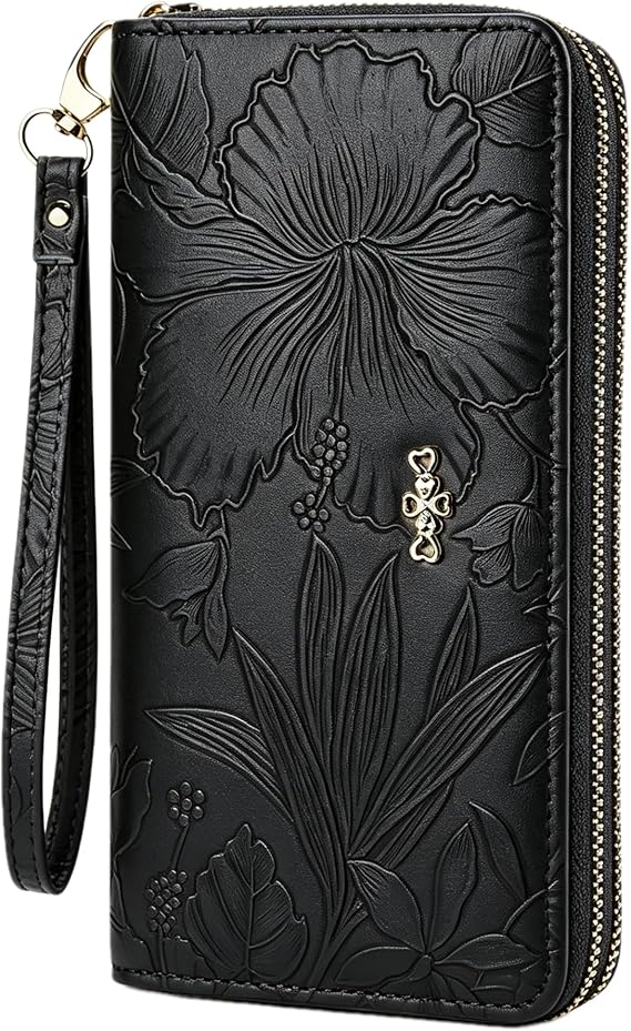 Women Wallets, Large Capacity Double Zip Long Purses for Women, PU Leather Ladies Credit Card Holder Wallet with Zip Pocket Multi Card Slots and Big Compartments (Black)