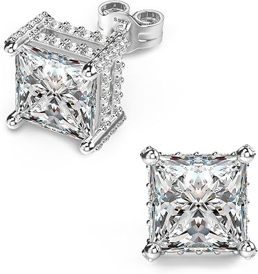 18K White Gold Plated Sterling Silver Pave Square Cubic Zirconia Stud Earrings 4 Prong Princess Cut CZ Simulated Diamond Stud Earrings for Men Women Hypoallergenic
