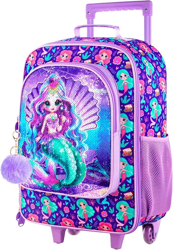 AGSDON Kids Luggage for Girls, Cute Mermaid Rolling Suitcase Wheels for Children Toddler