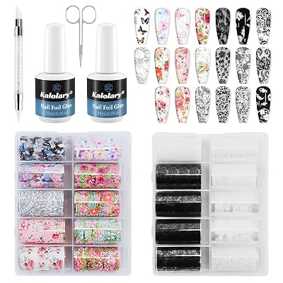 Kalolary 30ML Nail Foil Glue Gel with 20Pcs Foil Transfer Stickers Set, Starry Sky Lace Flower Transfer Stickers DIY Decoration for Salon or Home Use