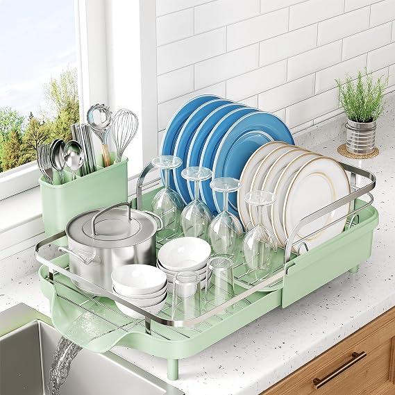 SNTD Expandable Dish Drying Rack for Kitchen Counter, 15.2-22.1 in, Green | Rust-Resistant Stainless Steel, Protective Side Rails, Self-Draining Drainboard, Removable Utensil Holder