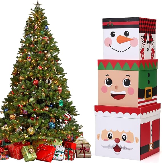 Sinload 3 Pcs Christmas Nesting Gift Boxes Santa Elf Snowman Stackable Boxes Red Green White Christmas Decorative with Lids for Present Wrapping New Year Holiday Xmas Party Supplies