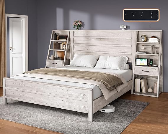 LUXOAK Full Size Bed Frame with Bookcase Headboard & 4-Tier Shelves