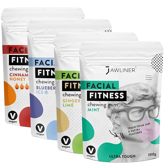 Jawliner Fitness Chewing Gum 15X Harder Jawline Gum Sugar Free Mint, Ginger Lime, Blueberry and Cinnamon Honey Jaw Gum Includes 12 Weeks Coaching for Shaping the Jaw (8 Months Pack of 4 Flavor)