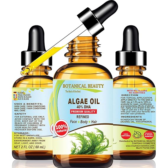 Botanical Beauty ALGAE OIL Omega 3 Oil 40% DHA, 100% Natural for FACE, SKIN, BODY, HAIR, NAILS 2 Fl.oz.- 60 ml Skin Moisturizer Oil, Skin Nourishing Oil