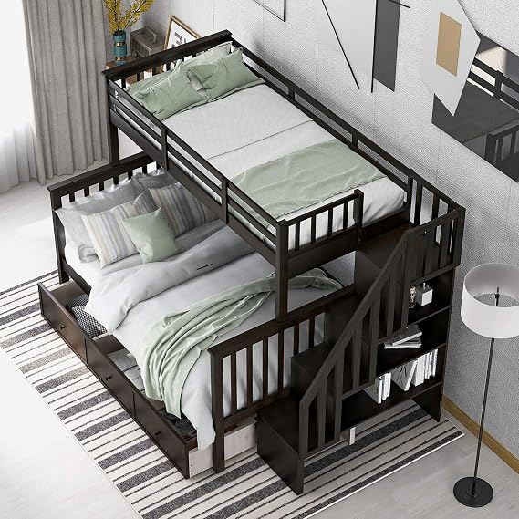 Flieks Twin-Over-Full Bunk Bed with Drawer,4 Storage and Guard Rail, Twin-Over-Full Bunk Bed for Bedroom, Dorm, for Family,Teens,No Box Spring Needed Espresso