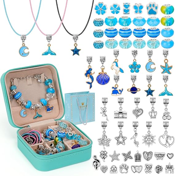 Hysagtek Jewellery Making Kit Bracelet Making Kit for Girls - 66 Pcs DIY Charm Bracelet Making Bracelets for Women Girls Beads Necklace kit Christmas Jewelry Making Charm Pendants Craft with Box, Blue