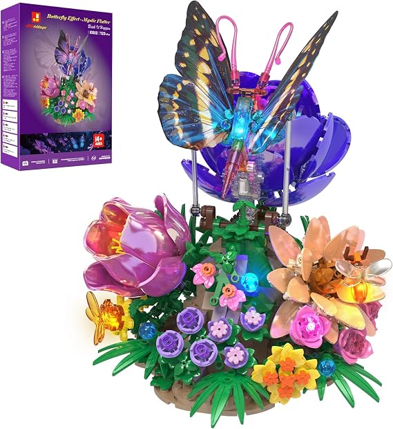 JMBricklayer Butterfly Building Set with Light for Adults, Botanical Flowers Collection Building Blocks Set, Creative Birthday for Women Mom Girlfriend Wife