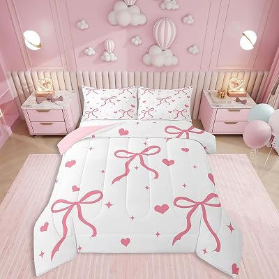 Erosebridal Cartoon Ribbon Bow Bedding Twin,Kawaii Love Heart Comforter Set for Girls Kids,Hand-Drawn Stars Galaxy Down Comforter,Fantasy Princess Style Duvet Insert