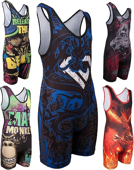 KO Sports Gear Youth Wrestling Singlets, Animal and Fantasy Designs, XXS-L | Sublimated Designs, Moisture-Wicking Washable Stretch Fabric and Reinforced Stitching for Kids Wrestling Practice and Matches