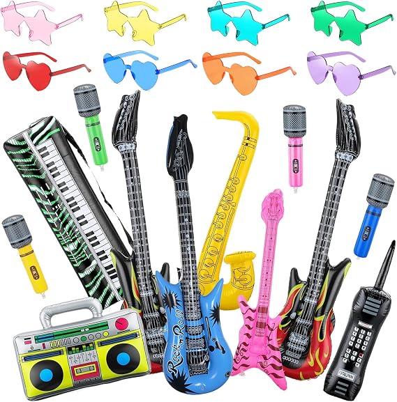 20Pcs Inflatable Instruments Party Props with Funny Sunglasses Set, Inflatable Rock Star Guitar Saxophone Bass Microphones Recorder Piano Photo Booth, 80s 90s Rock N Roll Music Party Decorations