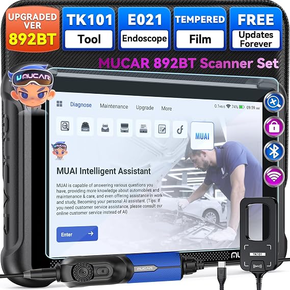 MUCAR Car Diagnostic Tool Combos Professional, 892BT AI-Assisted OBD2 Scanner + TK101 Tool+E021 USB Endoscope+Tempered Glass Screen Protector, 4PCS Automotive Scan Tool Set,Free Lifetime Updates