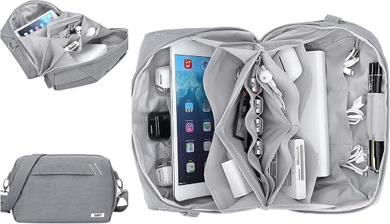 BUBM Electronics Organizer, with Multi-Layer Storage and Detachable Strap (Light Gray)