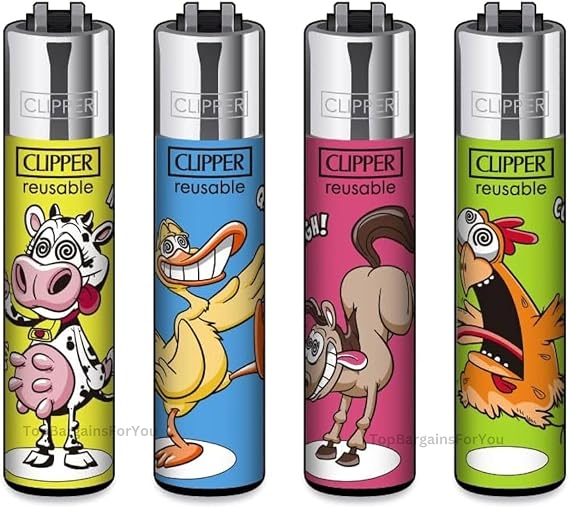 4 x Clipper Lighters CRAZY FARM 1 Design Set Refillable Gas Lighters, Rare Limited Edition