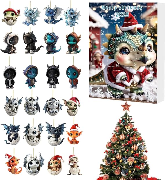 Christmas Dragon Advent Rearview Mirror 2D Acrylic Dragon Ornaments 24 Days | 2025 Countdown Calendar, Animal Charm for Car Rearview Mirror Door Wall Party Christmas Tree Decor