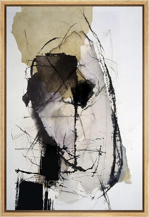 SIGNFORD Framed Canvas Print Wall Art Dark Pastel Grunge Brush Stroke Collage Abstract Shapes Illustrations Modern Art Decorative Minimal Relax/Calm for Living Room, Bedroom, Office - 16"x24" Natural