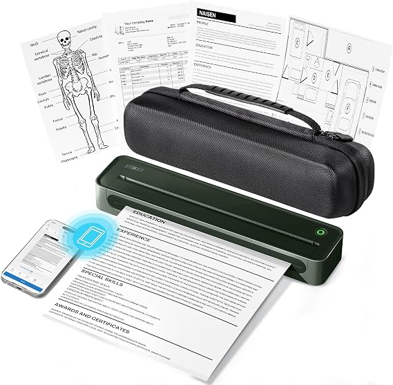 D90E Inkless Portable Printer for Travel, Supports 8.5 x 11 Inch Thermal Paper Wireless Thermal Printer Bluetooth, with Travel Case & 10 Sheets for Students, Office, School, Dark Green