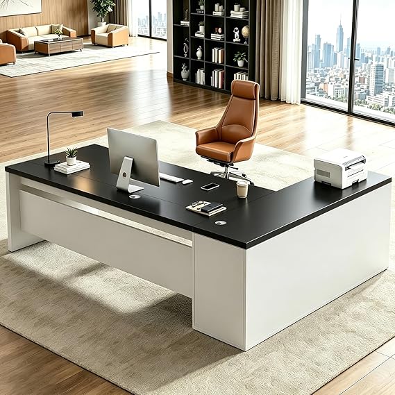 L Shaped Executive Desk with Drawers and File Cabinet - Large Home Office Desk with Modern Design, Corner Desk for Workstations