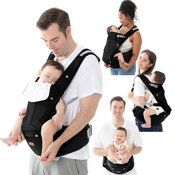 BabbleRoo 6-in-1 Baby Carrier with Hip Seat, Ergonomic Newborn to Toddler Carrier 750 lbs, Front Back Hip Carry, Lumbar Support, Sun Hood, Safety-Certified, Black