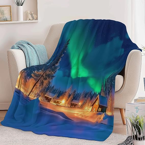 Dark Blue Throw Blanket Flannel, Farm Snow Northern Lights Forest Printed Blanket 66 x 90 in Premium Lightweight Bedding, Cozy Warm Plush Bedspread for Couch Sofa and Bed