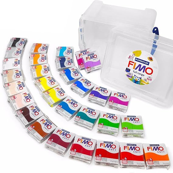 FIMO Soft 57g Polymer Modelling Moulding Oven Bake Clay - Full Range of All 25 Colours in Clear Storage Tub