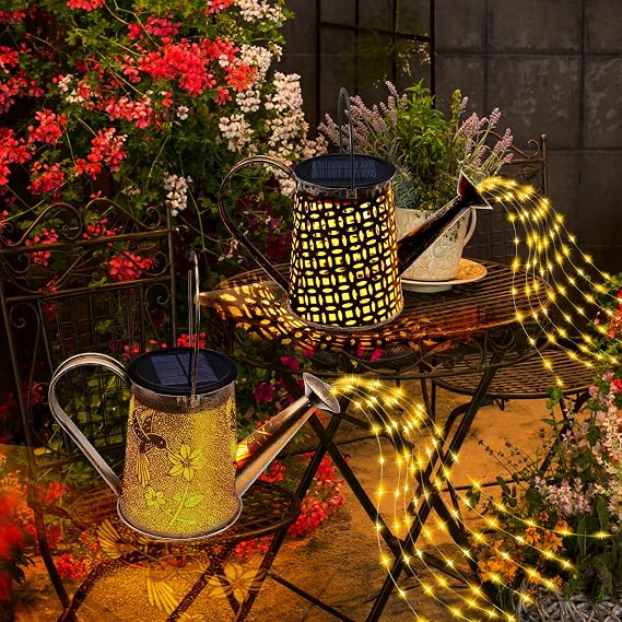 YJFWAL 2 Pack Solar Watering can with Lights,Hummingbird Pattern+Copper Coin Pattern