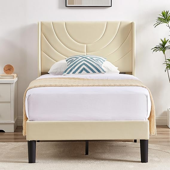 VECELO Twin Size Upholstered Platform Bed Frame with Fabric Headboard,Wooden Slats Support/No Box Spring Needed/Mattress Foundation,Beige