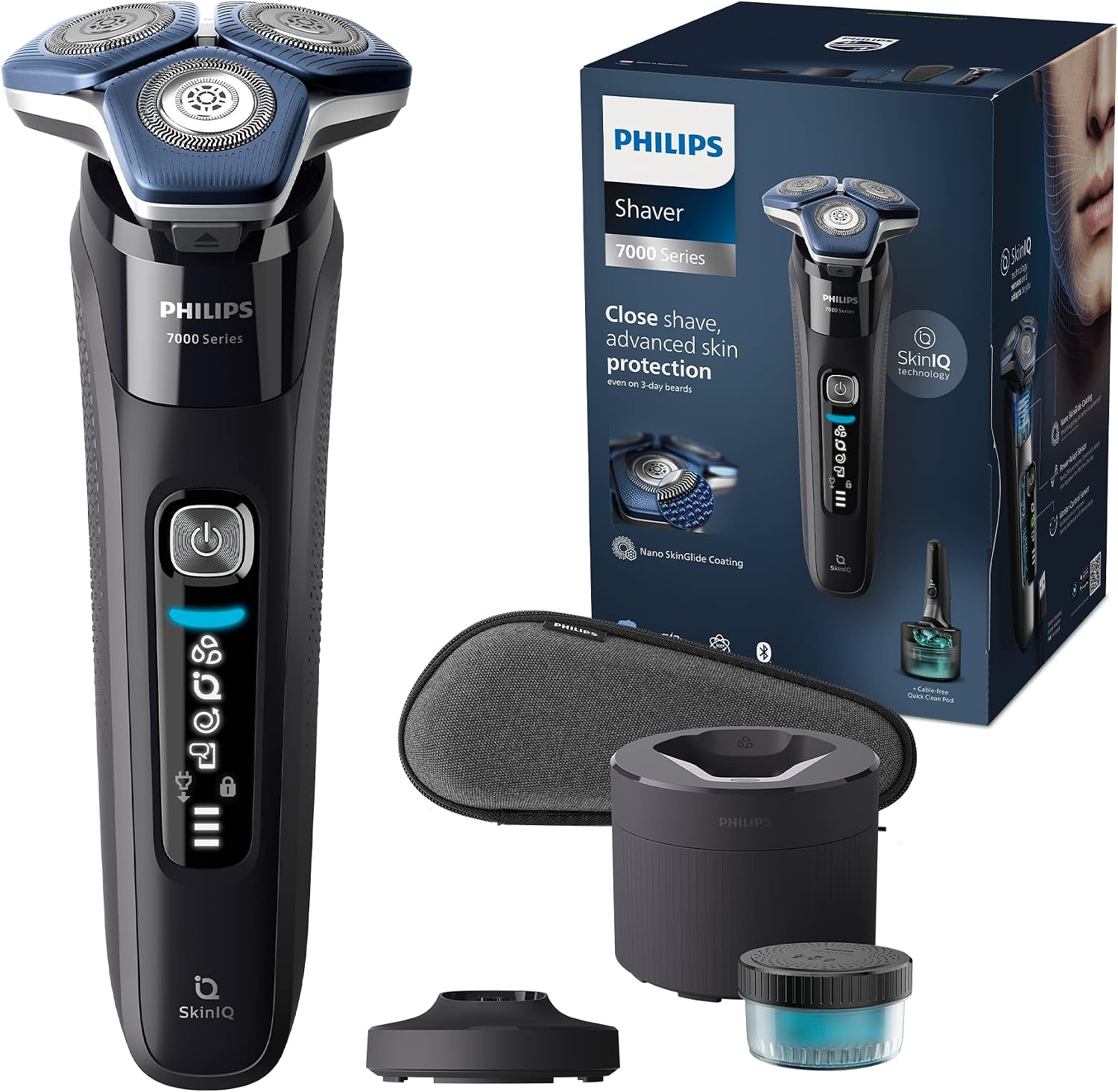Philips Shaver Series 7000 - Wet & Dry Mens Electric Shaver with SkinIQ Technology, Razor with Pop-up Trimmer, Charging Stand, Travel Case, Quick Clean Pod and Quick Clean Cartridge Model S788655