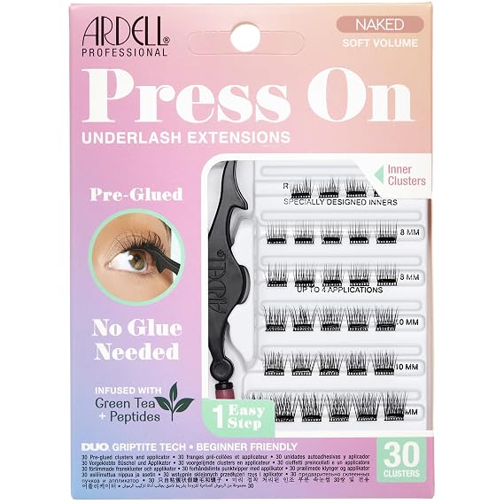 Ardell Press On Lashes Underlash Extensions, Naked Soft Volume Pre-Glued Lash Clusters, No Glue Needed, Eyelash Cluster, Green Tea & Peptides Infused with Applicator, DIY Lash Extensions, 30 ct